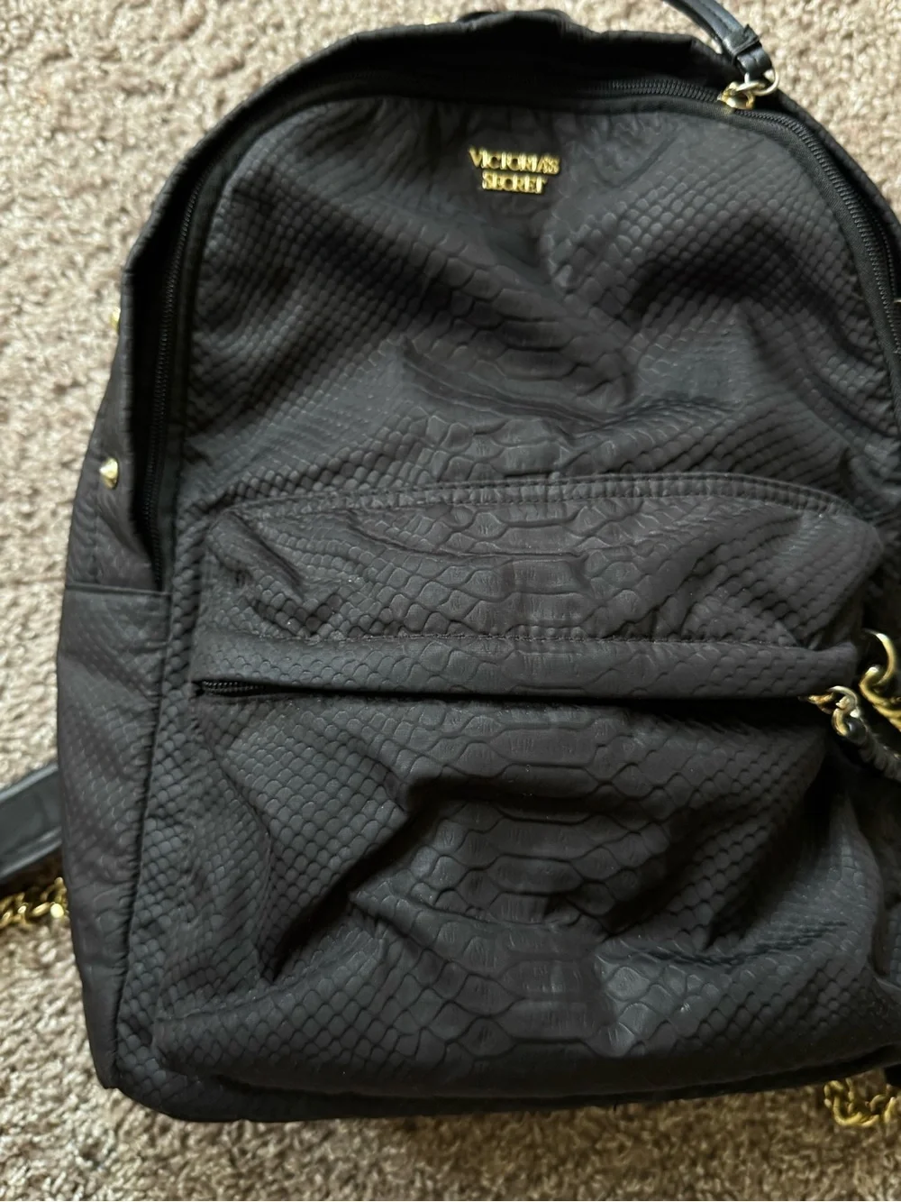 Victoria's Secret Black Textured Snake-Print Backpack with Gold Accents - Picture 4 of 8